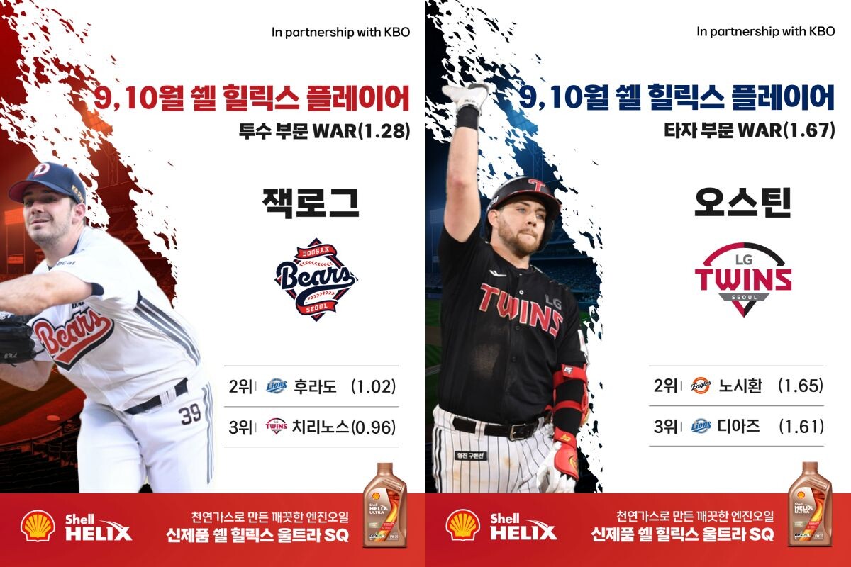 9~10월 <b>쉘힐릭스플레이어</b> <b>두산 잭로그</b>·LG 오스틴 선정